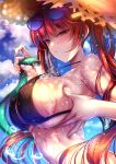  1girl akeyama_kitsune armpit_crease azur_lane bangs bare_shoulders bikini black_bikini blush breast_hold breasts commentary_request covered_nipples day eyebrows_visible_through_hair eyewear_on_head hat honolulu_(azur_lane) honolulu_(summer_accident?!)_(azur_lane) hose huge_breasts long_hair navel outdoors parted_lips red_eyes red_hair sky solo straw_hat sun_hat sunglasses swimsuit twintails very_long_hair water wet 