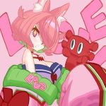  +_+ 1girl animal_ear_fluff animal_ears azuchi_momo bare_shoulders breasts cleavage english_text from_side hair_over_one_eye holding jacket large_breasts lowres multicolored_hair nijisanji open_mouth oversized_clothes pink_eyes pink_hair pink_jacket short_hair solo two-tone_hair upper_body virtual_youtuber yuuki_(irodo_rhythm) 