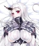  1girl abyssal_ship bangs bare_shoulders bed_sheet blush breasts bright_pupils collar commentary_request covered_nipples detached_sleeves dress furrowed_eyebrows hands_on_own_chest hands_up horns kantai_collection large_breasts long_hair looking_at_viewer lying on_back pale_skin parted_lips pochi_(pochi-goya) puffy_nipples raised_eyebrows red_eyes ribbed_dress seaport_princess see-through sideboob silver_hair simple_background single_horn skindentation solo upper_body very_long_hair white_background white_pupils 