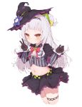  1girl bangs black_gloves blunt_bangs blush dolphro-kun flat_chest gloves hair_bun hat hololive long_hair looking_at_viewer midriff murasaki_shion navel silver_hair simple_background skirt solo thigh_strap v virtual_youtuber white_background witch_hat yellow_eyes 