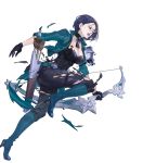  1girl armor arrow_(projectile) bangs belt black_eyes black_gloves black_hair boots breasts closed_mouth collar corset fire_emblem fire_emblem:_three_houses fire_emblem_heroes full_body gloves green_jacket highres jacket knee_boots large_breasts maeshima_shigeki official_art open_clothes pale_skin pants parted_bangs quiver shamir_nevrand shiny shiny_clothes shiny_hair short_hair shoulder_armor solo transparent_background 