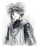  1boy cape dragon_quest dragon_quest_ii fantasy gloves goggles goggles_on_headwear greyscale male_focus monochrome prince_of_samantoria simple_background solo upper_body yuza 