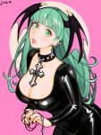  1girl alternate_costume artist_name black_nails breasts choker cleavage cross demon_girl ear_piercing english_commentary green_eyes green_hair hair_wings highres jivke large_breasts leaning_forward looking_at_viewer morrigan_aensland parted_lips piercing rosary skin_tight solo succubus vampire_(game) 