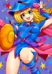  1girl absurdres bare_shoulders blonde_hair blue_footwear blue_plan blush blush_stickers boots breasts choker dark_magician_girl duel_monster eyebrows_visible_through_hair fingernails green_eyes hat highres large_breasts long_hair looking_at_viewer open_mouth pentagram smile solo staff wand wizard_hat yu-gi-oh! yu-gi-oh!_duel_monsters 