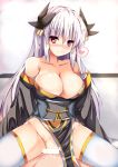  1boy 1girl bar_censor breasts censored clothed_female_nude_male collarbone cowgirl_position dragon_girl dragon_horns fate/grand_order fate_(series) girl_on_top gold_trim grey_hair hetero horns japanese_clothes kiyohime_(fate/grand_order) large_breasts long_hair multiple_horns no_panties nude obi pov red_eyes ryokushiki_(midori-ya) sash solo_focus straddling thighhighs vaginal very_long_hair white_legwear wide_sleeves 