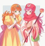  2girls bag dragon_quest dragon_quest_ii dress fantasy green_eyes hands_together jewelry long_hair multiple_girls necklace orange_hair pink_hair princess_laura princess_of_moonbrook puffy_short_sleeves puffy_sleeves robe satchel short_sleeves simple_background staff tiara wide_sleeves yuza 