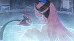  1065587906 1girl bath blue_eyes character_request closed_mouth completely_nude highres honkai_(series) honkai_impact_3rd horns long_hair mechanical_tail multicolored multicolored_hair nude partially_submerged pink_hair ripples scar sitting solo steam streaked_hair tail towel water wet white_hair 