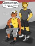  anthro backwards_baseball_cap baseball_cap bottomwear bovid bovine cattle clothed clothing comic dialogue dumbbell duo english_text exercise felid fully_clothed fuze gym hat headgear headwear hi_res lion male mammal pantherine roy_(fuze) shirt shorts sitting t-shirt tank_top texnatsu text topwear ty_conrad weightlifting weights workout 