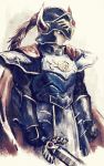  1boy armor blue_eyes cape dragon_quest dragon_quest_i fantasy helmet hero_(dq1) horned_headwear male_focus simple_background solo sword weapon yuza 