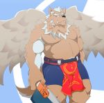  anthro belt brown_body brown_fur canid canine canis clothed clothing facial_scar fangs fur hi_res holding_object holding_sword holding_weapon male mammal marchosias_(tas) melee_weapon musclegut red_eyes scar solo sword tokyo_afterschool_summoners topless tora_oekaki video_games weapon wings wolf 