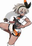  1girl bangs bea_(pokemon) black_bodysuit black_hairband bodysuit bodysuit_under_clothes bow_hairband closed_mouth collared_shirt commentary_request dynamax_band eyelashes gloves grey_hair gym_leader hair_between_eyes hairband holding holding_poke_ball knee_pads noricopo_(nori0w0) number partly_fingerless_gloves poke_ball pokemon pokemon_(game) pokemon_swsh print_shirt print_shorts shirt short_hair short_sleeves shorts side_slit side_slit_shorts silver_eyes single_glove solo tied_shirt ultra_ball 