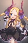  1girl abigail_williams_(fate/grand_order) bangs black_dress blonde_hair blue_eyes blush breasts cosplay dress elizabeth_bathory_(fate) elizabeth_bathory_(fate)_(all) elizabeth_bathory_(fate)_(cosplay) fate/extra fate/extra_ccc fate/grand_order fate_(series) forehead highres horns long_hair looking_at_viewer miya_(miyaruta) open_mouth parted_bangs sidelocks small_breasts smile two_side_up 