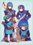  1boy apple axe blue_eyes brown_eyes brown_hair crossed_arms dragon_quest dragon_quest_ii fantasy food fruit gloves goggles goggles_on_headwear hands_on_hips indian_style prince_of_lorasia simple_background sitting slime_(dragon_quest) sword weapon yuza 