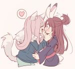  2girls animal_ears blush brown_hair bunny_ears bunny_tail cat_ears hair_over_one_eye jacket kagari_atsuko little_witch_academia long_hair luna_nova_school_uniform multiple_girls pale_skin purple_hair red_eyes school_uniform smile sucy_manbavaran tail tama_(tm_suac) witch yuri 