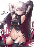  1girl ;d armpits bandages bare_shoulders black_legwear black_panties blush breasts cape closed_mouth commentary_request dagger fate/apocrypha fate_(series) green_eyes highres jack_the_ripper_(fate/apocrypha) looking_at_viewer navel one_eye_closed open_mouth panties scar short_hair silver_hair simple_background sitting small_breasts smile thighhighs thighs underwear wariza weapon white_background yui_(kawalcjil4) 