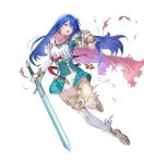  1girl ankle_boots armor bangs belt blue_eyes blue_hair boots breastplate caeda_(fire_emblem) cape closed_mouth dress elbow_gloves feather_trim fire_emblem fire_emblem:_mystery_of_the_emblem fire_emblem_heroes full_body gloves highres holding holding_sword holding_weapon long_hair looking_at_viewer multiple_belts official_art one_eye_closed open_mouth pink_cape short_dress shoulder_armor solo sword thighhighs thighs torn_cape torn_clothes torn_legwear transparent_background weapon white_legwear zettai_ryouiki 