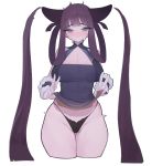  1girl absurdres bare_shoulders black_panties blue_eyes breasts cleavage cleavage_cutout closed_fan clothing_cutout double_v eyebrows_visible_through_hair fan fate/grand_order fate_(series) folding_fan fur_trim gradient gradient_background highres lifted_by_self long_hair panties purple_hair rabbit_(wlsdnjs950) solo sweat twintails underwear v very_long_hair yang_guifei_(fate/grand_order) 