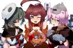  3girls ahoge alternate_costume breasts brown_eyes brown_hair eyepatch green_hair hair_intakes halloween_costume huge_ahoge kantai_collection kiso_(kantai_collection) kitakami_(kantai_collection) kuma_(kantai_collection) long_hair mask mask_on_head medium_breasts multiple_girls one_eye_closed ooi_(kantai_collection) pink_hair red_eyes short_hair sirakane_(tigo5115) skull_mask tama_(kantai_collection) 