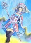 1girl black_legwear blue_eyes cape day dress feet_out_of_frame from_below gloves hat head_wings highres holding holding_staff lips melia_antiqua outdoors short_dress silver_hair sky solo staff standing thighhighs vvbert white_gloves xenoblade_chronicles xenoblade_chronicles_(series) 