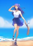  1girl absurdres alternate_costume beach blue_sweater caster cloud commission fate/grand_order fate_(series) hat highres horizon long_hair ocean purple_hair second-party_source shading_eyes shirt shore solkorra solo standing standing_on_one_leg straw_hat sweater waves white_shirt 
