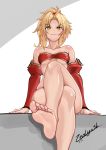  &gt;:) 1girl absurdres alternate_eye_color artist_name bare_shoulders barefoot blonde_hair blush breasts crossed_legs dark_persona detached_sleeves eyebrows_visible_through_hair fang fate/grand_order fate_(series) feet from_below highres looking_at_viewer mordred_(fate) mordred_(fate)_(all) ponytail red_scrunchie scrunchie short_hair small_breasts smile soles solo underboob yellow_eyes zealyush 