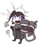  1girl abyssal_ship ancient_destroyer_oni bangs betchan black_footwear black_gloves black_hair black_hakama boots cannon drill_hair gloves hakama high_heel_boots high_heels japanese_clothes kantai_collection long_sleeves meiji_schoolgirl_uniform mole mole_under_eye open_mouth side_drill surprised tears teeth turret white_background 