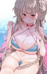  1girl absurdres alternate_costume azur_lane bangs bare_shoulders bikini blue_bikini blurry blurry_background blush braid breasts choker cleavage collarbone day double_bun eyebrows_visible_through_hair feather_boa formidable_(azur_lane) formidable_(the_lady_of_the_beach)_(azur_lane) half-closed_eyes hand_on_own_chest hand_up highres licking_lips long_hair looking_at_viewer multi-strapped_bikini navel reel_(riru) single_thighhigh sitting skindentation solo swimsuit thighhighs thighs tongue tongue_out twin_braids underboob very_long_hair wet white_legwear 