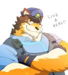  anthro barrel_(live-a-hero) blue_clothing brown_body brown_fur canid canine canis clothed clothing crossed_arms fur furgonomics gloves grin handwear hat headgear headwear hi_res live-a-hero male mammal police_uniform radio simple_background smile solo topwear tora_oekaki uniform vest video_games white_background white_body white_fur wolf yellow_eyes 