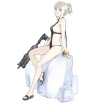  1girl alternate_costume bangs bare_legs blue_eyes blunt_bangs breasts from_side full_body girls_frontline green_swimsuit gun hao_(patinnko) medium_breasts official_art one-piece_swimsuit pale_skin pp-19_(girls_frontline) pp-19_bizon sandals scrunchie short_ponytail sideboob sidelocks sitting solo submachine_gun swimsuit transparent_background weapon white_hair wrist_scrunchie 