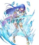  1girl ankle_boots armor bangs belt blue_eyes blue_hair boots breastplate caeda_(fire_emblem) cape closed_mouth dress elbow_gloves feather_trim fire_emblem fire_emblem:_mystery_of_the_emblem fire_emblem_heroes floating floating_object full_body gloves highres holding holding_sword holding_weapon ice long_hair looking_at_viewer looking_away multiple_belts official_art open_mouth pink_cape short_dress shoulder_armor solo sword thighhighs transparent_background weapon white_legwear zettai_ryouiki 