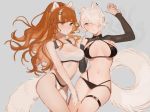  2girls animal_ears anya_pandaria atelier_live black_bra bra breasts english_commentary long_hair looking_at_viewer mari_the_hybrid mari_the_hybrid_(artist) medium_breasts multiple_girls one_eye_covered orange_hair short_hair thigh_strap underwear underwear_only virtual_youtuber white_hair yellow_eyes 