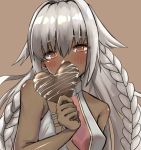  1girl bare_shoulders blush brown_background brown_eyes candy chocolate chocolate_heart dark_skin fate/grand_order fate_(series) food hair_between_eyes heart highres holding holding_candy holding_food lakshmibai_(fate/grand_order) long_hair looking_at_viewer side_braids simple_background solo upper_body very_long_hair white_hair yamada_(iroha97151188) 