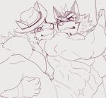  abs anthro barrel_(live-a-hero) blush canid canine canis clothing cowboy_hat duo felid hat headgear headwear hi_res istani live-a-hero male male/male mammal mask muscular muscular_male pantherine pecs raiki sketch superhero tiger wolf 