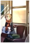  1girl akigumo_(kantai_collection) alternate_costume bag black_sweater box brown_hair closed_eyes commentary_request feet_out_of_frame hair_ribbon kantai_collection long_hair orange_scarf ponytail red_skirt ribbon scarf shopping_bag sitting skirt solo striped striped_scarf sweater timmyyen train_interior window 