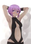  1girl armpits arms_behind_head arms_up bangs bare_shoulders black_bodysuit blush bodysuit breasts center_opening closed_mouth commentary_request dark_skin eyebrows_visible_through_hair fate/prototype fate/prototype:_fragments_of_blue_and_silver fate_(series) flying_sweatdrops hair_between_eyes hassan_of_serenity_(fate) highres i.u.y looking_at_viewer navel purple_eyes purple_hair short_hair small_breasts solo sweat white_background 
