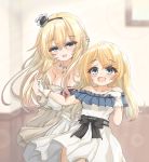  2girls alternate_costume blonde_hair blue_eyes braid collarbone commentary_request cowboy_shot crown dress flower french_braid gloves jervis_(kantai_collection) jewelry kantai_collection kasashi_(kasasi008) long_hair long_sleeves mini_crown multiple_girls necklace off-shoulder_dress off_shoulder red_flower red_ribbon red_rose ribbon rose smile warspite_(kantai_collection) white_dress white_gloves 