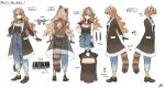  1girl animal_ears anya_pandaria atelier_live brown_hair character_sheet coat daenarys english_text fur_trim long_hair multiple_views shirt_tucked_in standing tail virtual_youtuber white_background 