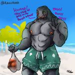  1:1 abs alien awoonoah barazoku beach big_pecs blush clothing english_text gesture halo_(series) happy hi_res humanoid male microsoft muscular muscular_humanoid muscular_male nipples one_eye_closed pecs sangheili seaside simple_background sky solo solo_focus swimming_trunks swimwear text video_games waving wink xbox_game_studios 