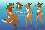  2020 anthro biped black_nose blue_background blue_eyes breasts brown_hair cervid clothed clothing featureless_crotch female ferima fur hair hana_chi hooves mammal model_sheet nipples nude simple_background smile spots spotted_body spotted_fur white_spots 