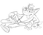  activision anthro bandicoot barefoot black_and_white briefs bulge clothed clothing crash_bandicoot crash_bandicoot_(series) footwear gloves handwear male mammal marsupial monochrome pants_down partially_clothed shoes simple_background sketch solo thegreatmatsutzu tongue tongue_out underwear video_games white_background 