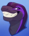  anthro eyewear feve glasses hi_res looking_at_viewer male purple_eyes scalie smile solo teeth 