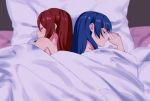  2girls back-to-back bed_sheet blue_hair closed_eyes closed_mouth couple from_above long_hair love_live! love_live!_sunshine!! lying multiple_girls on_side pillow profile red_hair sakurauchi_riko sellel shiny shiny_hair sleeping tsushima_yoshiko under_covers yuri 