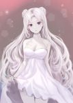  1girl breasts cleavage collarbone cowboy_shot double_bun dress dress_lift floating_hair g_home grey_background lifted_by_self long_hair looking_at_viewer maplestory medium_breasts parted_lips purple_eyes short_dress silver_hair sleeveless sleeveless_dress solo standing very_long_hair white_dress 