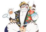  2020 anthro asian_clothing belly blush bulge clothing duo east_asian_clothing eyewear felid fundoshi fur glasses happi_(clothing) hi_res humanoid_hands japanese_clothing kemono licho_(tas) male male/male mammal overweight overweight_male pantherine reddo12340 simple_background tiger tokyo_afterschool_summoners underwear video_games white_background white_body white_fur 