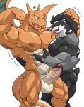  2020 abs absurd_res anthro anthrofied balls barazoku biceps charizard darkened_genitalia darkened_penis duo emanata erection flexing genitals hi_res hug humanoid_genitalia humanoid_penis maldu male male/male muscle_worship muscular muscular_anthro muscular_male navel nintendo nipples nude obliques obstagoon open_mouth open_smile pecs penis pok&eacute;mon pok&eacute;mon_(species) simple_background smile standing tongue tongue_out video_games white_background wings 