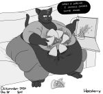  anthro barefoot belly big_belly big_breasts black_and_white bottomwear breasts chubby_cheeks claws cleavage clothed clothing deep_navel dewlap_(anatomy) dialogue domestic_cat double_chin english_text felid feline felis female food food_fetish front_view frown head_tuft hi_res holding_box holding_food holding_object holding_pizza huge_breasts huge_hips huge_thighs inside looking_at_belly looking_at_self looking_down mae_borowski mammal messy messy_eater midriff monochrome morbidly_obese morbidly_obese_anthro morbidly_obese_female navel night_in_the_woods obese obese_anthro obese_female on_couch overweight overweight_anthro overweight_female pants pizza_box shirt signature sitting slob solo speech_bubble spill stained_clothing text thick_thighs three-quarter_view topwear tuft video_games wenisberry whiskers wide_hips 
