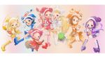  6+girls ;d absurdres arm_up artist_name asuka_momoko bangs blonde_hair blue_dress blue_eyes blue_footwear blue_gloves blue_hair blue_headwear boots bracelet broom broom_riding brown_eyes brown_hair clenched_hand closed_mouth commentary dodo_(ojamajo_doremi) double_bun dress earrings fafa_(ojamajo_doremi) fairy floating fujiwara_hazuki glasses gloves gotoh510 gradient gradient_background green_eyes hair_rings harukaze_doremi harukaze_poppu hat high_heel_boots high_heels highres holding holding_wand huge_filesize jewelry lala_(ojamajo_doremi) leaning_forward light_particles long_hair looking_at_viewer magical_girl majorika makihatayama_hana medium_hair mimi_(ojamajo_doremi) multicolored multicolored_background multiple_girls nini_(ojamajo_doremi) ojamajo_doremi one_eye_closed one_side_up open_mouth orange_dress orange_eyes orange_footwear orange_gloves orange_headwear pointy_footwear purple_dress purple_eyes purple_footwear purple_gloves purple_hair purple_headwear red_dress red_eyes red_footwear red_gloves red_hair red_headwear rere_(ojamajo_doremi) rimless_eyewear round_eyewear sailor_collar segawa_onpu senoo_aiko short_dress short_hair short_sleeves short_twintails siblings side-by-side signature sisters smile standing standing_on_one_leg toto_(ojamajo_doremi) twintails wand white_dress white_footwear white_gloves white_headwear witch_hat yellow_dress yellow_footwear yellow_gloves yellow_headwear 