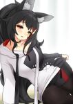  1girl animal_ear_fluff animal_ears black_choker black_hair black_hoodie black_legwear black_shorts blush breasts choker commentary eyebrows_visible_through_hair hair_ornament highres hololive long_hair long_sleeves looking_at_viewer medium_breasts multicolored_hair ookami_mio pantyhose parted_lips paw_print_pattern ponytail red_eyes red_hair short_shorts shorts sitting smile solo streaked_hair two-tone_hair two-tone_sweater virtual_youtuber white_hoodie wolf_ears xiaodong327399 
