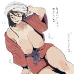  1girl :d black_eyes black_hair breasts cleavage ettone hair_between_eyes highres inverted_nipples long_hair mononoke_hime open_mouth simple_background smile solo tears toki_(mononoke_hime) towel towel_on_head translation_request white_background 