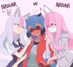  &gt;_&lt; 3girls animal_ears blue_hair blush brand_new_animal character_name closed_mouth double_arm_hug dual_persona fox_ears fox_girl frown furry girl_sandwich grey_jacket hiwatashi_nazuna hoyon jacket jealous kagemori_michiru long_hair long_sleeves looking_at_another multicolored_hair multiple_girls open_mouth pink_background pink_hair purple_eyes purple_hair raccoon_ears raccoon_girl red_eyes red_jacket sandwiched short_sleeves simple_background smile two-tone_hair 